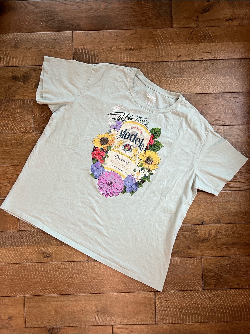 ModelCo Light Sage Graphic Tee with Floral Beer Label